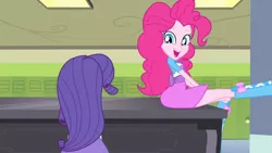 Size: 3410x1920 | Tagged: safe, derpibooru import, screencap, pinkie pie, rarity, equestria girls, player piano, rainbow rocks, boots, clothes, cute, diapinkes, duo, female, hallway, high res, image, jpeg, lockers, musical instrument, open mouth, open smile, piano, shoes, smiling