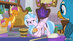 Size: 640x360 | Tagged: safe, derpibooru import, screencap, gallus, silverstream, smolder, dragon, gryphon, hippogriff, season 8, the hearth's warming club, spoiler:s08, animated, bucket, dragoness, female, flying, gif, gifs.com, image, male, open mouth, open smile, school of friendship, smiling, spread wings, trio, wings