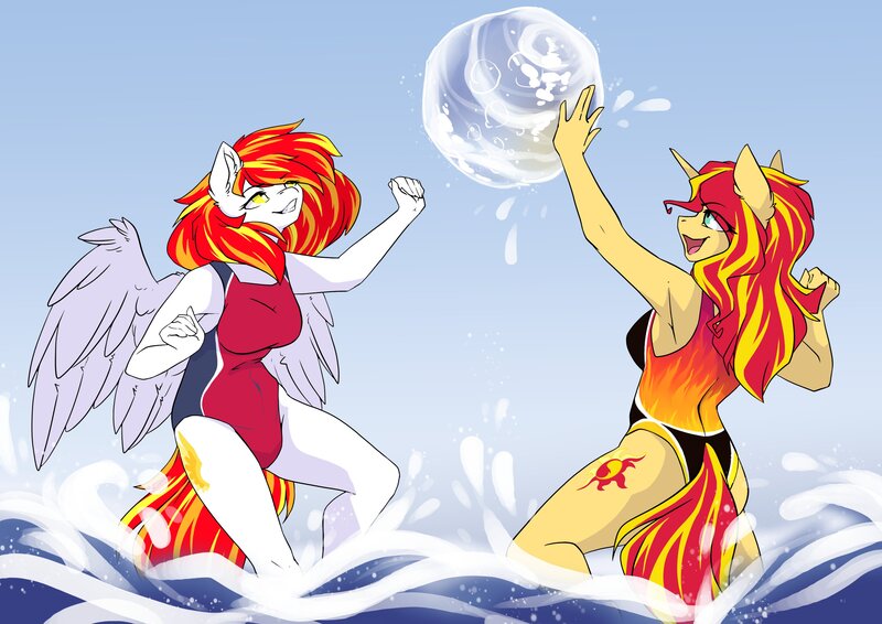 Size: 3507x2481 | Tagged: safe, artist:arctic-fox, derpibooru import, sunset shimmer, oc, oc:diamond sun, anthro, pegasus, unicorn, clothes, duo, image, jpeg, one-piece swimsuit, swimsuit