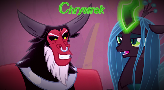 Size: 548x303 | Tagged: safe, derpibooru import, edit, edited screencap, screencap, lord tirek, queen chrysalis, centaur, changeling, changeling queen, taur, frenemies (episode), caption, chrysirek, couple, female, image, image macro, in love, male, me gusta, png, shipping, smiling, smirk, straight, text