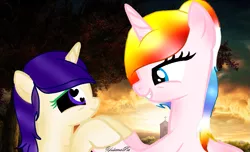 Size: 809x491 | Tagged: safe, artist:yulianapie26, derpibooru import, oc, unofficial characters only, alicorn, pony, unicorn, alicorn oc, bust, eyelashes, female, grin, holding hooves, horn, image, looking at each other, looking at someone, mare, png, smiling, unicorn oc, wings