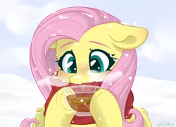 Size: 2778x1996 | Tagged: safe, artist:ev04ka, artist:ev04kaa, derpibooru import, fluttershy, pegasus, pony, clothes, cup, image, png, rcf community, scarf, snow, solo