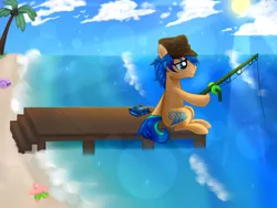 Size: 1600x1200 | Tagged: safe, artist:kaikururu, derpibooru import, oc, unofficial characters only, earth pony, pony, beach, fishing, fishing rod, hat, image, male, outdoors, palm tree, png, sitting, solo, stallion, sun, tree