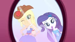 Size: 3410x1920 | Tagged: safe, derpibooru import, screencap, applejack, rarity, eqg summertime shorts, equestria girls, make up shake up, bare shoulders, cowboy hat, cute, duo, duo female, fall formal outfits, female, hairpin, hand on hip, hat, high res, image, jackabetes, jpeg, mirror, mouth hold, one eye closed, reflection, sleeveless, smiling, strapless, wink