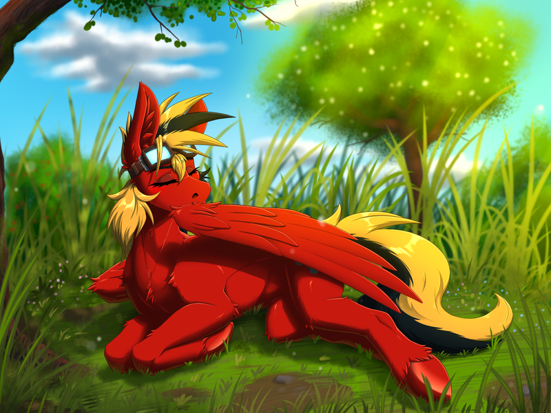 Size: 2000x1500 | Tagged: safe, artist:twotail813, derpibooru import, oc, oc:twotail, unofficial characters only, pegasus, female, goggles, grass, grooming, image, pegasus oc, png, preening, solo, solo female, wings