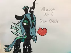 Size: 900x675 | Tagged: safe, artist:tigeressbird324, derpibooru import, queen chrysalis, changeling, changeling queen, crown, eating, female, heart, image, jewelry, jpeg, regalia, solo, traditional art