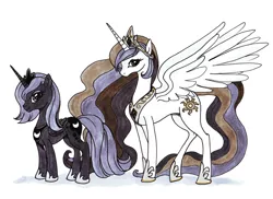 Size: 2464x1791 | Tagged: safe, artist:nambnb, derpibooru import, princess celestia, princess luna, alicorn, pony, duo, duo female, female, image, jpeg, looking at you, mare, royal sisters, s1 luna, siblings, simple background, sisters, white background