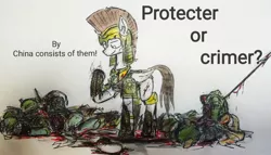 Size: 1726x990 | Tagged: artist needed, grimdark, derpibooru import, oc, unofficial characters only, pegasus, pony, blood, corpse, dead, death, decapitated, decapitation, disembodied hoof, image, jpeg, mutilation, royal guard, soldier, spear, traditional art, weapon