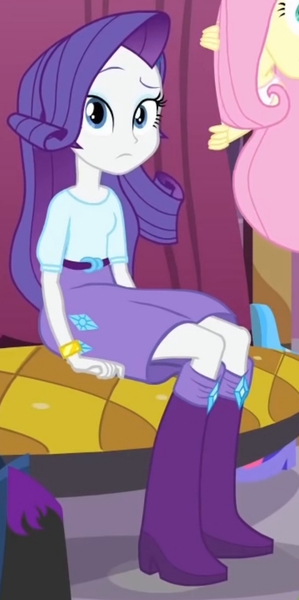 Size: 642x1287 | Tagged: safe, derpibooru import, screencap, fluttershy, rarity, equestria girls, equestria girls (movie), belt, boots, chair, clothes, cropped, high heel boots, image, jpeg, shirt, shoes, sitting, skirt, solo focus