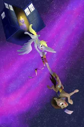 Size: 1800x2700 | Tagged: safe, artist:sixes&sevens, derpibooru import, derpy hooves, dinky hooves, doctor whooves, time turner, earth pony, pegasus, unicorn, doctor who, falling, fourth doctor's scarf, image, magic, png, space, sweat, tangled up, tardis