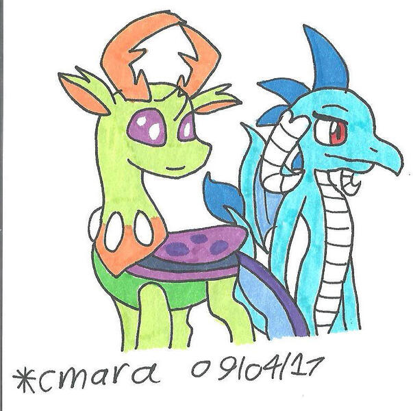 Size: 771x767 | Tagged: safe, artist:cmara, derpibooru import, princess ember, thorax, changedling, changeling, dragon, dragoness, duo, female, image, jpeg, king thorax, male, simple background, traditional art, white background