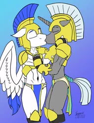 Size: 1704x2233 | Tagged: suggestive, artist:vesperce, derpibooru import, anthro, pegasus, unicorn, armor, clothes, gay, image, kissing, loincloth, male, png, royal guard, tail, tail wrap, unconvincing armor