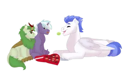 Size: 1280x732 | Tagged: safe, artist:itstechtock, derpibooru import, oc, oc:emerald grove, oc:gilded leaf, oc:swift wing, unofficial characters only, kirin, pegasus, pony, unicorn, box of chocolates, colt, foal, image, lying down, magic, male, png, prone, simple background, transparent background