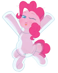 Size: 860x1080 | Tagged: suggestive, artist:latexcut1e, derpibooru import, pinkie pie, earth pony, pony, belly button, blushing, clothes, fetish, image, inflatable, inflatable fetish, inflatable suit, inflation, looking at you, one eye closed, png, poofsuit, see-through, simple background, stretching, transparent background, yawn