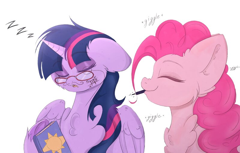 Size: 3524x2246 | Tagged: safe, artist:ponyangle, derpibooru import, pinkie pie, twilight sparkle, twilight sparkle (alicorn), alicorn, earth pony, pony, book, cheek fluff, chest fluff, duo, ear fluff, female, fluffy, funny, image, jpeg, mare, simple background, text, twilight is not amused, unamused, unshorn fetlocks, white background