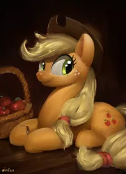 Size: 2969x4096 | Tagged: safe, artist:winpuss, derpibooru import, applejack, earth pony, pony, apple, apple basket, basket, female, food, high res, image, jpeg, lying down, mare, prone, solo