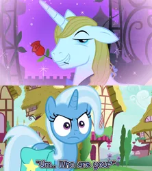 Size: 1280x1440 | Tagged: safe, derpibooru import, edit, edited screencap, screencap, prince blueblood, trixie, unicorn, do not want, image, png, reaction, shipping denied, trixie is not amused, unamused