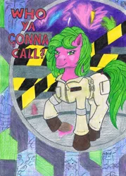 Size: 1632x2282 | Tagged: safe, artist:assertiveshypony, derpibooru import, plasmane, earth pony, ghost, ghost pony, pony, undead, city, clothes, crossover, drawing, ghostbusters, image, jpeg, looking at you, tape, traditional art