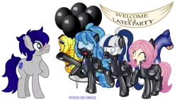 Size: 1200x678 | Tagged: suggestive, artist:jennieoo, derpibooru import, oc, oc:gentle star, oc:maverick, oc:milky way (sodadrinker11), oc:ocean soul, earth pony, pegasus, pony, balloon, blushing, happy, image, inflatable, inflatable toy, latex, latex suit, party, png, ponytail, rubber, rubber suit, simple background, smiling, surprise party, transparent background, vector