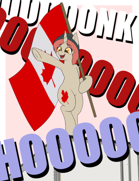 Size: 2000x2600 | Tagged: artist needed, source needed, safe, oc, oc:maple leaf, unofficial characters only, semi-anthro, unicorn, bipedal, canada, cream background, female, flag, honk, image, mare, png, raised leg, solo, truck