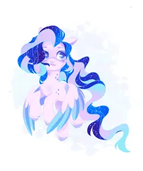 Size: 4220x5059 | Tagged: safe, artist:irusumau, derpibooru import, oc, unofficial characters only, pegasus, pony, blushing, chest fluff, colored hooves, colored pupils, colored wings, ethereal mane, flying, full body, hair over one eye, image, jpeg, looking to the right, multicolored mane, multicolored tail, open mouth, pegasus oc, sideways glance, simple background, solo, starry mane, tail, two toned wings, unshorn fetlocks, white background, wings