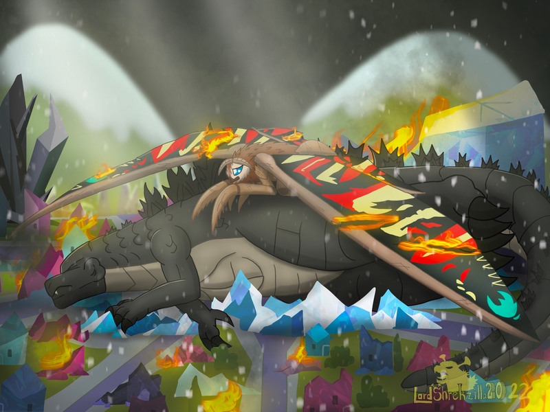 Size: 2732x2048 | Tagged: safe, artist:lordshrekzilla20, derpibooru import, fanfic:the one true king, crystal empire, dead, fire, godzilla, godzilla (series), image, injured, jpeg, mothra, sad, sorrow