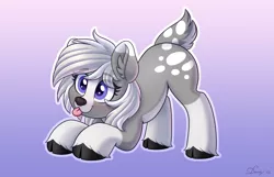 Size: 3859x2480 | Tagged: safe, alternate version, artist:dandy, derpibooru import, oc, oc:silverlining, unofficial characters only, deer, deer pony, original species, :3, ;p, alternate character, cloven hooves, commission, cute, deer oc, ear fluff, eye clipping through hair, female, gradient background, high res, image, one eye closed, png, solo, tongue out, unshorn fetlocks, ych result