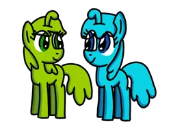 Size: 1024x768 | Tagged: safe, artist:danielthebrony57, derpibooru import, ponified, pony, blue (cut the rope 2), blue eyes, bluebetes (cut the rope 2), crossover, cut the rope, cut the rope 2, cute, duo, eye clipping through hair, eye contact, female, friends, full body, g4, green eyes, hooves, image, looking at each other, looking at someone, mare, nommie, nommie pony, om nom (character), omnomabetes, png, simple background, smiling, smiling at each other, standing, transparent background