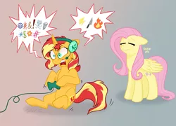 Size: 2319x1674 | Tagged: safe, artist:horse-time-babey, artist:meowfactor, derpibooru import, fluttershy, sunset shimmer, pegasus, pony, unicorn, angry, censored vulgarity, commission, controller, duo, embarrassed, eyes closed, female, game, grawlixes, headphones, headset, heated gamer moment, image, lesbian, mare, open mouth, png, rageset shimmer, shimmercode, shipping, sitting, sunshyne, swearing, video game, vulgar, ych result