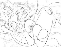 Size: 1280x998 | Tagged: safe, artist:jerberjer, derpibooru import, princess cadance, spike, alicorn, dragon, pony, between toes, city, cool, crowd, crystal empire, feet, fetish, foot fetish, foot focus, gentle, giant dragon, image, jpeg, macro, male, male feet, mega, mountain, paws, playful, princess, relaxing, resting, smiling, teenager, toes, wings