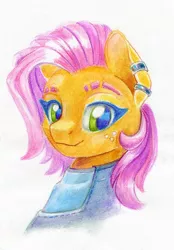 Size: 700x1007 | Tagged: safe, artist:maytee, derpibooru import, babs seed, earth pony, pony, bust, ear piercing, earring, female, image, jewelry, jpeg, mare, older, older babs seed, piercing, portrait, simple background, smiling, solo, traditional art, white background