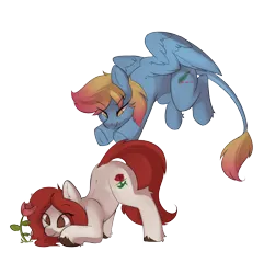 Size: 3154x3275 | Tagged: safe, artist:beardie, derpibooru import, oc, oc:merrifeather, oc:rose, earth pony, pegasus, pony, brown eyes, colored wings, earth pony oc, face down ass up, female, flower, image, incoming hug, leonine tail, looking at something, midair, pegasus oc, png, pounce, red mane, rose, simple background, tail, transparent background, two toned mane, two toned tail, two toned wings, wings, yellow eyes
