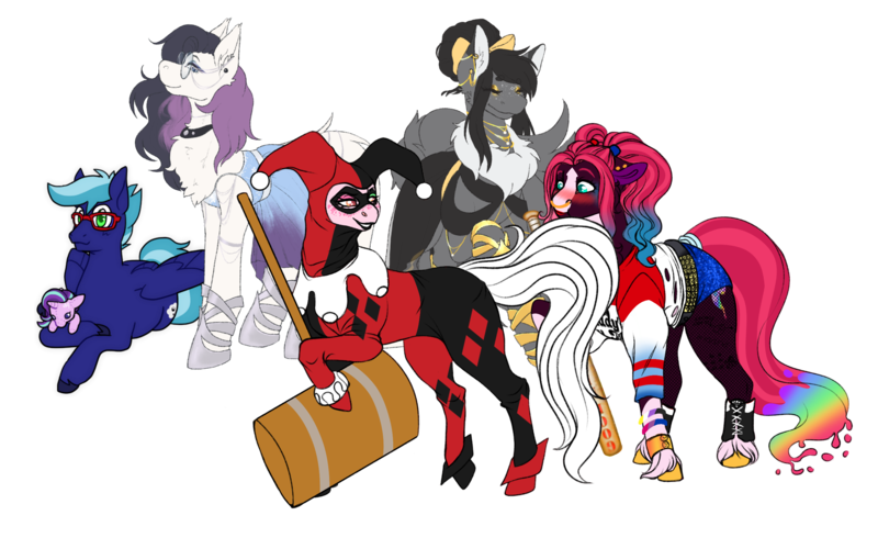 Size: 4603x2878 | Tagged: safe, artist:greenarsonist, artist:malinraf1615, artist:snows-undercover, derpibooru import, starlight glimmer, oc, oc:foxy, oc:gusty gale, oc:painted lilly, oc:strawberry quinn, oc:ziena, unofficial characters only, earth pony, pegasus, pony, unicorn, derpibooru community collaboration, 2022 community collab, alternate hairstyle, baseball bat, beautiful, bedroom eyes, belt, bisexual pride flag, blushing, boots, bow, bracelet, chest fluff, choker, clothes, cosplay, costume, dc comics, derpibooru exclusive, dress, ear piercing, earring, eyes closed, eyeshadow, fancy, female, fishnets, freckles, gala dress, glasses, gloves, hair bow, hammer, harley quinn, hoof shoes, image, jester, jewelry, lesbian, lipstick, makeup, male, mallet, mare, markings, mask, multicolored hair, necklace, nonbinary, nonbinary pride flag, nose piercing, nose ring, oc x oc, piercing, plushie, png, pride, pride flag, raised hoof, raised leg, sandals, shipping, shirt, shoes, shorts, simple background, stallion, t-shirt, tail, tail seduce, tattoo, torn clothes, transparent background, unshorn fetlocks, wall of tags, wristband