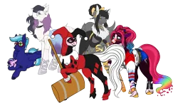 Size: 4603x2878 | Tagged: safe, artist:greenarsonist, artist:malinraf1615, artist:snows-undercover, derpibooru import, starlight glimmer, oc, oc:foxy, oc:gusty gale, oc:painted lilly, oc:strawberry quinn, oc:ziena, unofficial characters only, earth pony, pegasus, pony, unicorn, derpibooru community collaboration, 2022 community collab, alternate hairstyle, baseball bat, beautiful, bedroom eyes, belt, bisexual pride flag, blushing, boots, bow, bracelet, chest fluff, choker, clothes, cosplay, costume, dc comics, derpibooru exclusive, dress, ear piercing, earring, eyes closed, eyeshadow, fancy, female, fishnets, freckles, gala dress, glasses, gloves, hair bow, hammer, harley quinn, hoof shoes, image, jester, jewelry, lesbian, lipstick, makeup, male, mallet, mare, markings, mask, multicolored hair, necklace, nonbinary, nonbinary pride flag, nose piercing, nose ring, oc x oc, piercing, plushie, png, pride, pride flag, raised hoof, raised leg, sandals, shipping, shirt, shoes, shorts, simple background, stallion, t-shirt, tail, tail seduce, tattoo, torn clothes, transparent background, unshorn fetlocks, wall of tags, wristband