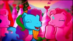 Size: 1280x720 | Tagged: safe, derpibooru import, screencap, minty, pinkie pie (g3), rainbow dash (g3), earth pony, pony, a very pony place, positively pink, rainbow dash's special day, anna cummer, cute, eyes closed, female, flashback, g3, g3 dashabetes, g3 diapinkes, giggling, grin, image, jpeg, mare, mintabetes, paint, pink, ponyville, smiling, talking, trio, voice actor joke