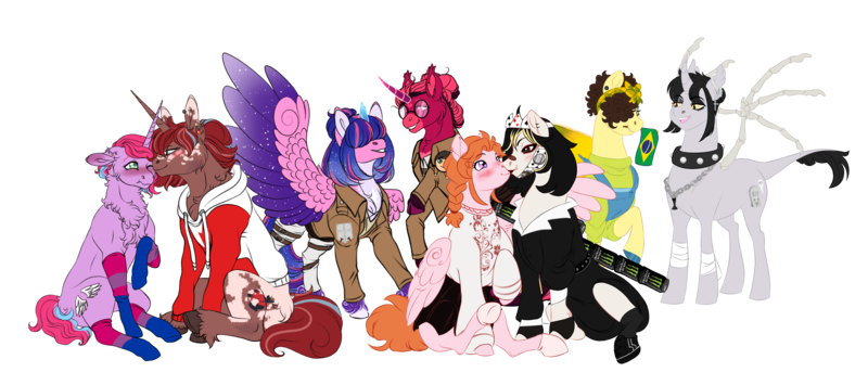 Size: 6762x3000 | Tagged: safe, artist:malinraf1615, artist:theartfox2468, derpibooru import, oc, oc:angel petals, oc:barnburner, oc:estella sparkle, oc:grimm fable, oc:jezza belle, oc:lilac, oc:sol shines, oc:venus red heart, unofficial characters only, alicorn, earth pony, human, pegasus, pony, unicorn, derpibooru community collaboration, 2022 community collab, absurd resolution, alicorn oc, alternate hairstyle, anklet, attack on titan, bandage, bandana, bedroom eyes, belt, bisexual pride flag, blushing, bone, boots, brazil, can, canada, canadian, canadian flag, chess piece, chest fluff, choker, christianity, clothes, cosplay, costume, crossover, crown, curved horn, deaf, dress, ear piercing, earring, energy drink, eren jaeger, eye clipping through hair, eyebrows, eyebrows visible through hair, eyeshadow, face mask, fangs, female, fingerless gloves, flag, flustered, glasses, gloves, grim reaper, grin, hair over eyes, hair over one eye, hearing aid, heart eyes, hoodie, horn, image, jacket, jewelry, kissing, leg fluff, leonine tail, lesbian, lip piercing, lipstick, looking at each other, looking at someone, makeup, mare, markings, mask, mismatched socks, monster energy, mouth hold, multicolored hair, necklace, nun outfit, nuzzling, oc x oc, offspring, one eye closed, open mouth, overalls, pants, parent:flash sentry, parent:twilight sparkle, parents:flashlight, piercing, playing card, plushie, png, pride, pride flag, raised hoof, raised leg, regalia, religion, shipping, shirt, shoes, shorts, simple background, sitting, size difference, skirt, smiling, socks, spiked choker, spread wings, stockings, striped socks, sweater, tail, thigh highs, transparent background, underhoof, unshorn fetlocks, wall of tags, wingding eyes, wings