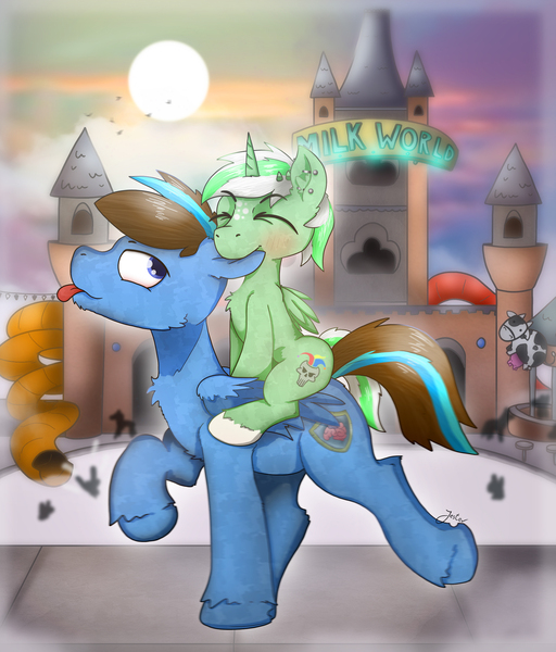 Size: 2000x2344 | Tagged: safe, artist:jesterpi, derpibooru import, oc, oc:iceberg skystriker, oc:jester pi, pegasus, pony, adventure, bar, biting ear, crowd, ear piercing, horn, image, jpeg, lying down, milk, milk bar, milk world, on back, path, piercing, riding a pony, slide, sun, sun set, swimming pool, theme park, trotting, wings