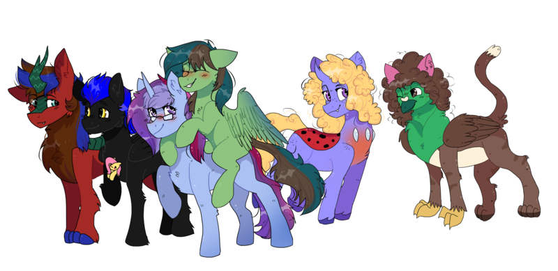 Size: 2016x980 | Tagged: safe, artist:valkiria, derpibooru import, fluttershy, oc, oc:bitzy berry, oc:frizz, oc:gusty longbow evergreen, oc:marquis majordome, oc:marquise soubrette, oc:scarlet havoc, oc:shadow spirits, oc:windy barebow evergreen, unofficial characters only, changedling, changeling, changepony, gryphon, hybrid, kirin, pegasus, pony, unicorn, derpibooru community collaboration, 2022 community collab, blushing, cat ears, changedling oc, changeling oc, chest fluff, derpibooru exclusive, eyes closed, female, glasses, griffon oc, grin, image, kirin oc, looking at each other, looking at someone, male, mare, multicolored hair, one eye closed, plushie, png, ponies riding ponies, raised hoof, raised leg, riding, rule 63, simple background, smiling, stallion, trans male, transgender, transparent background, wall of tags, wink