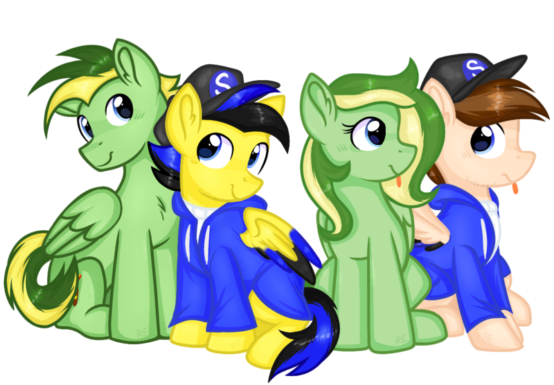 Size: 1221x850 | Tagged: safe, artist:rainbow eevee, derpibooru import, oc, oc:boomerang beauty, oc:didgeree, oc:ponyseb 2.0, oc:seb the pony, ponified, unofficial characters only, pegasus, pony, derpibooru community collaboration, 2022 community collab, :p, blue eyes, clothes, colored wings, cute, facial hair, female, folded wings, group, image, jacket, looking at each other, looking at someone, male, png, sitting, snapback, sweater, tongue out, two toned mane, vector, wings