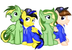 Size: 1221x850 | Tagged: safe, artist:rainbow eevee, derpibooru import, oc, oc:boomerang beauty, oc:didgeree, oc:ponyseb 2.0, oc:seb the pony, ponified, unofficial characters only, pegasus, pony, derpibooru community collaboration, 2022 community collab, :p, blue eyes, clothes, colored wings, cute, facial hair, female, folded wings, group, image, jacket, looking at each other, looking at someone, male, png, sitting, snapback, sweater, tongue out, two toned mane, vector, wings