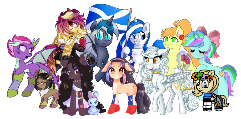 Size: 4238x2095 | Tagged: safe, artist:franshushu, artist:icey-wicey-1517, artist:jadeharmony, artist:metaruscarlet, artist:northernlightsone, artist:panimeko, artist:stainedglasslighthea, derpibooru import, oc, oc:apple needle, oc:aurelia, oc:balmoral, oc:coral glitter, oc:cornflower meadow, oc:elizabat stormfeather, oc:ember, oc:enabts, oc:isla sun, oc:sunrise skies, oc:violetta, unofficial characters only, alicorn, bat pony, bat pony alicorn, deer, dracony, dragon, earth pony, hybrid, pegasus, pony, rabbit, reindeer, unicorn, derpibooru community collaboration, 2022 community collab, alicorn oc, animal, antlers, bat pony oc, bat wings, bedroom eyes, bipedal, bisexual pride flag, blushing, boots, bow, butt, chest fluff, chibi, chile, choker, clothes, collaboration, colored, commission, confused, cute, deer oc, dress, ear piercing, earring, estonia, eye clipping through hair, eyebrows, eyebrows visible through hair, eyes closed, eyeshadow, female, fingerless gloves, flag, floral head wreath, flower, freckles, full body, gay pride flag, gloves, glow, glowing horn, grin, hair bow, high res, horn, image, interspecies offspring, jacket, jewelry, kilt, levitation, magic, makeup, mare, markings, multicolored hair, multicolored mane, multicolored tail, necklace, offspring, open mouth, parent:spike, parent:twilight sparkle, parents:twispike, piercing, plot, plushie, png, ponified oc, pride, pride flag, raised hoof, raised leg, rose, scared, scotland, shoes, shorts, simple background, sitting, size difference, skirt, smiling, socks, standing, stockings, striped socks, sunglasses, sweat, sweatdrop, sweater, tail, tanktop, tattoo, telekinesis, thigh highs, toy, transparent background, unicorn oc, unshorn fetlocks, wall of tags, wings