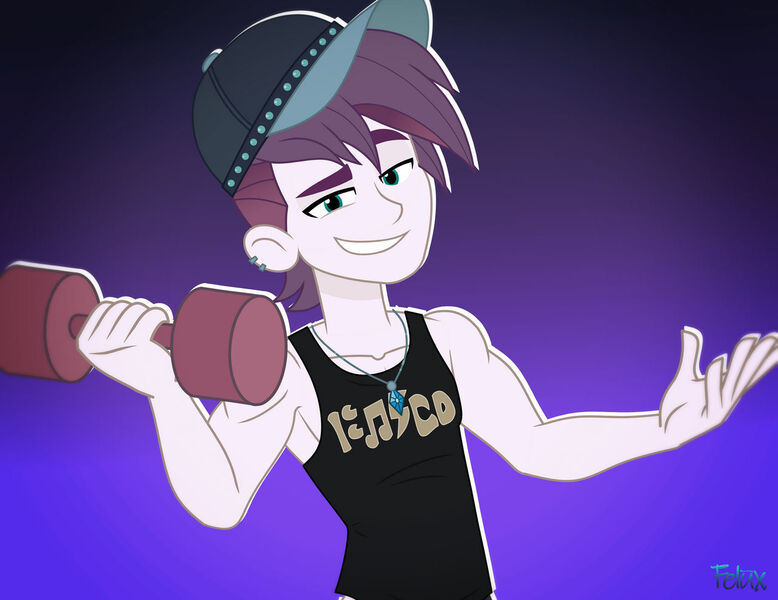 Size: 1280x987 | Tagged: safe, artist:felux, derpibooru import, dirk thistleweed, equestria girls, equestria girls series, arms, cap, clothes, hat, image, jewelry, jpeg, male, muscles, necklace, sleeveless, smiling, smirk