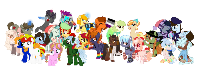 Size: 5381x1932 | Tagged: safe, artist:ashakalovsky, artist:darktailsko, artist:idkhesoff, artist:jadeharmony, artist:lazuli0209, artist:melodysweetheart, artist:misscupcake333, artist:rerorir, artist:rochelle-bases, artist:selenaede, artist:wicked-red-art, derpibooru import, oc, oc:badgering badger, oc:basil, oc:batilla, oc:charred smoke, oc:darkknighthoof, oc:darkknightshade, oc:golden rose (ice1517), oc:icy dusk, oc:iris sparkler, oc:krissy, oc:lucky charm, oc:lunar breeze, oc:melania, oc:morning blossom, oc:morning glisten, oc:rainela, oc:silly scribe, oc:spring mint, oc:tippy toes, oc:trix, oc:veggie tart, oc:windfall, ponified, unnamed oc, unofficial characters only, bat pony, earth pony, pegasus, pony, unicorn, derpibooru community collaboration, 2022 community collab, ^^, absurd resolution, anklet, asexual pride flag, augmented, augmented tail, bandage, bandaid, bandana, base used, bat pony oc, bat wings, beanie, bedroom eyes, belt, beret, bipedal, blank flank, blushing, boots, bowtie, bracelet, brown mane, brown tail, camera, chocolate, choker, christmas, clothes, coat, collar, commission, corset, cute, derpibooru exclusive, dress, duo, duo female, ear piercing, earring, eyes closed, eyeshadow, fangs, feather, female, filly, flag, flower, flower in hair, foal, folded wings, food, gay pride flag, glasses, glow, glowing horn, goggles, grin, hair over one eye, hat, high res, holding hooves, holiday, hoodie, hoof hold, hoof shoes, horn, ice cream, ice cream pony, image, italian, italy, jacket, jewelry, leather jacket, lesbian, lesbian pride flag, levitation, lip piercing, looking at each other, looking at someone, magic, magical lesbian spawn, makeup, male, mare, markings, multicolored hair, necklace, nose piercing, oc x oc, offspring, open mouth, pants, parent:applejack, parent:cloudchaser, parent:coloratura, parent:thunderlane, parents:rarajack, parents:thunderchaser, pegasus oc, pencil, piercing, pink sweater, png, ponified oc, present, pride, pride flag, rainbow socks, raised hoof, raised leg, santa hat, scarf, shadow, shipping, shirt, shoes, show accurate, simple background, skirt, smiling, snake bites, snowman, socks, spiked anklet, spiked choker, spiked wristband, stallion, standing, stockings, strawberry, striped socks, sun hat, sweater, sweater meme, t-shirt, tail, tattoo, telekinesis, thigh highs, tickling, transparent background, tutu, unshorn fetlocks, vanilla, vest, waffle cone, wall of tags, wings, wristband