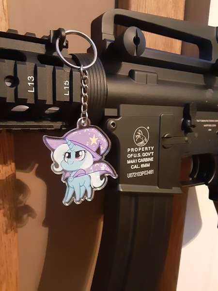 Size: 2448x3264 | Tagged: artist needed, safe, derpibooru import, trixie, airsoft, ar15, gun, gun charm, image, irl, jpeg, keychain, m4a1, photo, rifle, weapon