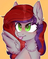 Size: 2985x3658 | Tagged: safe, artist:morttdecai3, derpibooru import, oc, oc:evening prose, unofficial characters only, pegasus, pony, blushing, bust, chest fluff, female, freckles, high res, image, jewelry, mare, necklace, pearl necklace, pegasus oc, png, smiling, solo, spread wings, tongue out, wings