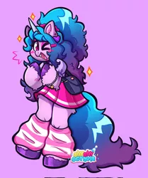 Size: 1709x2048 | Tagged: safe, artist:shyshyoctavia, derpibooru import, izzy moonbow, anthro, pony, unicorn, arm hooves, blushing, clothes, dress, ear piercing, earring, female, g5, happy, image, jewelry, jpeg, leg warmers, looking at you, one eye closed, open mouth, open smile, piercing, purse, skirt, smiling, solo, sparkles, wink, winking at you