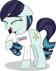 Size: 791x1009 | Tagged: safe, derpibooru import, coloratura, earth pony, pony, clothes, eyes closed, female, image, laughing, mare, open mouth, open smile, png, raised hoof, rara, shirt, simple background, smiling, solo, t-shirt, transparent background