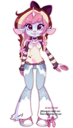 Size: 539x935 | Tagged: safe, artist:khimi-chan, derpibooru import, oc, oc:neigh-apolitan, unofficial characters only, anthro, cow, cow pony, hybrid, base used, bow, clothes, female, hair bow, image, pants, png, shoes, simple background, smiling, solo, transparent background