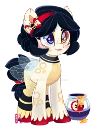 Size: 900x1173 | Tagged: safe, artist:khimi-chan, derpibooru import, oc, unofficial characters only, bee pony, original species, pony, bow, deviantart watermark, female, food, hair bow, heterochromia, honey, hoof polish, image, mare, obtrusive watermark, png, simple background, smiling, solo, transparent background, watermark, wings