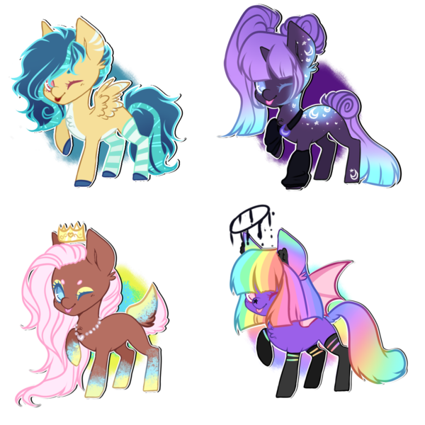 Size: 1200x1200 | Tagged: safe, artist:kyannepopys, derpibooru import, oc, unofficial characters only, earth pony, pegasus, pony, unicorn, base used, bat wings, clothes, crown, earth pony oc, horn, image, jewelry, multicolored hair, one eye closed, pegasus oc, png, rainbow hair, raised hoof, regalia, simple background, socks, transparent background, unicorn oc, wings, wink